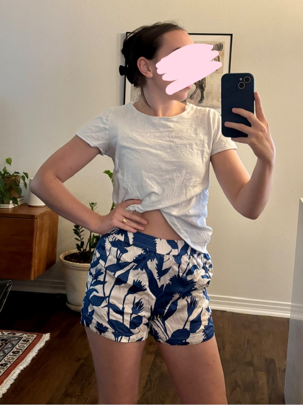 Anthropologie Satin Blue and Cream Tropical-Print Elastic Waist Shorts